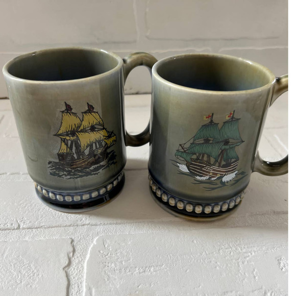 Wade Other - Vintage Wade Made in Ireland Green Blue Sailboat Ships Nautical Coffee Mugs Cups